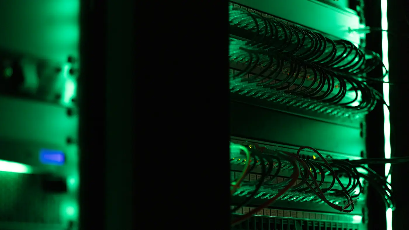 Rack of network equipment in a server room